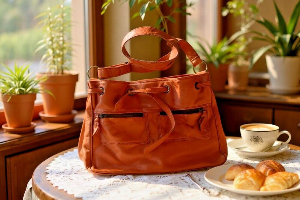 Women's Vintage Genuine Leather Orange Brown Bag Shoulder Purse Zippers Pockets